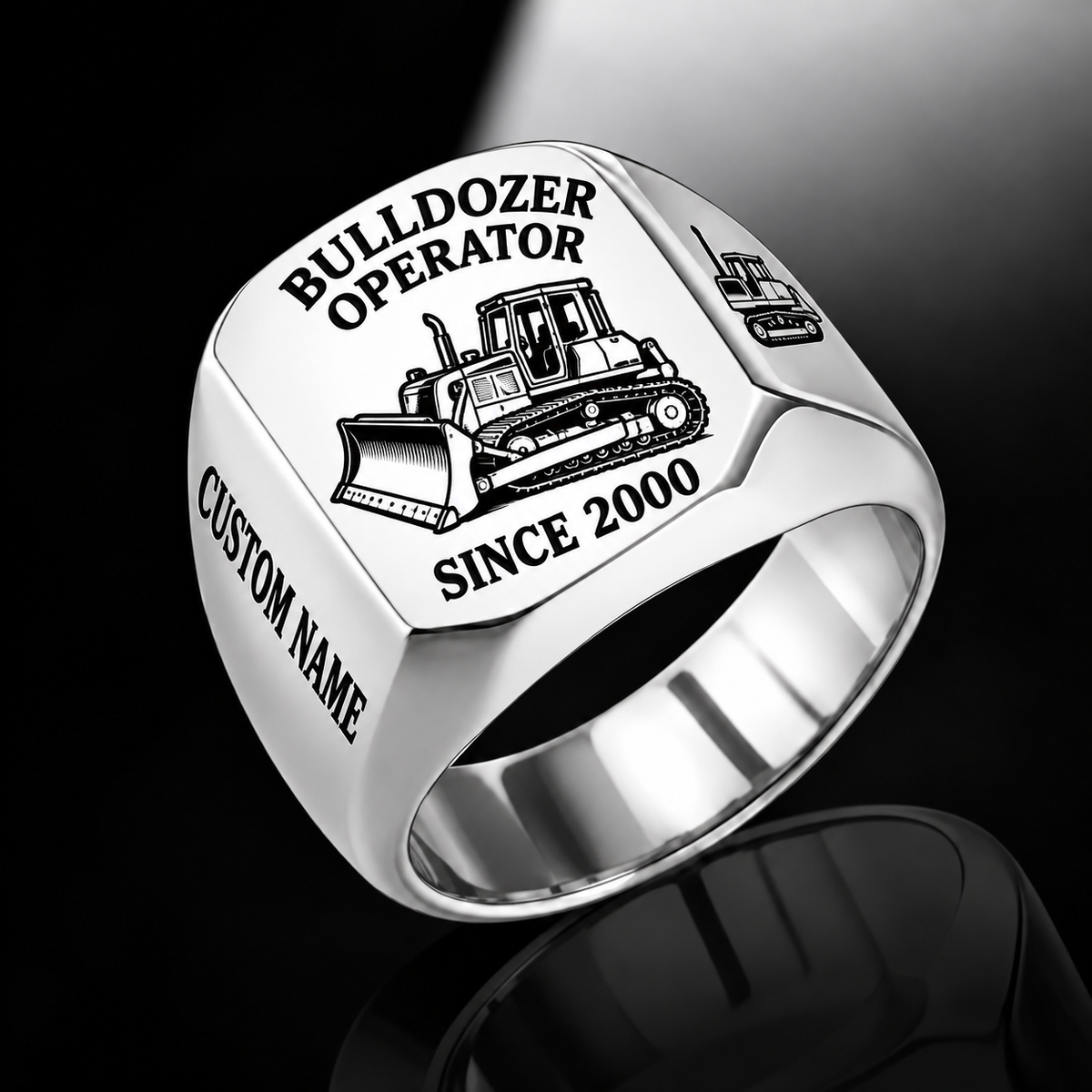 Bulldozer Operator Trade Emblem ring in Silver, with tracked bulldozer artwork and sample CUSTOM NAME and SINCE 2000 engraving.