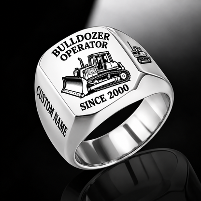 Bulldozer Operator Trade Emblem ring in Silver, with tracked bulldozer artwork and sample CUSTOM NAME and SINCE 2000 engraving.