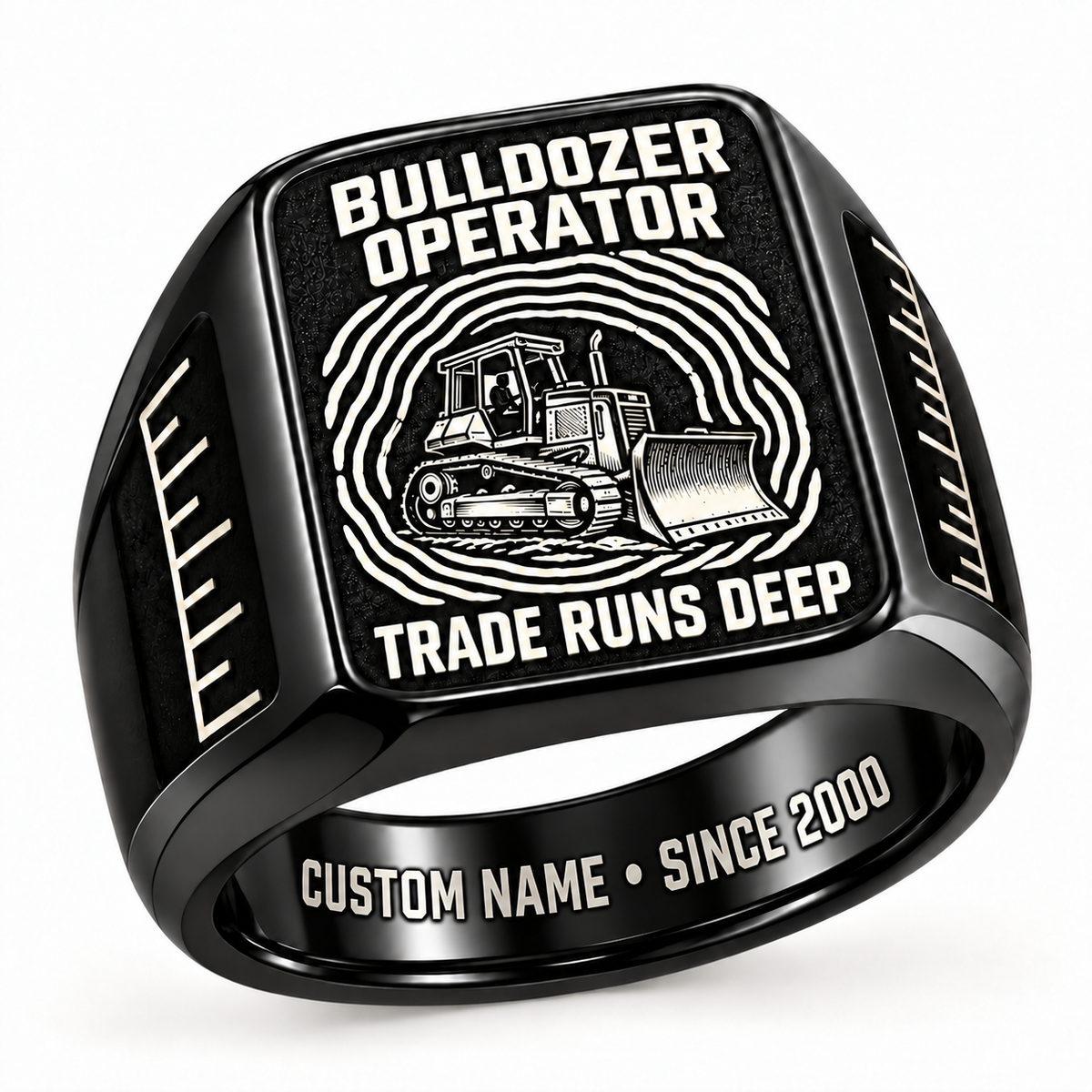 Bulldozer Operator Trade Runs Deep Signet Ring – Black with CUSTOM NAME and SINCE 2000