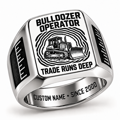 Bulldozer Operator Trade Runs Deep Signet Ring – Silver with CUSTOM NAME and SINCE 2000