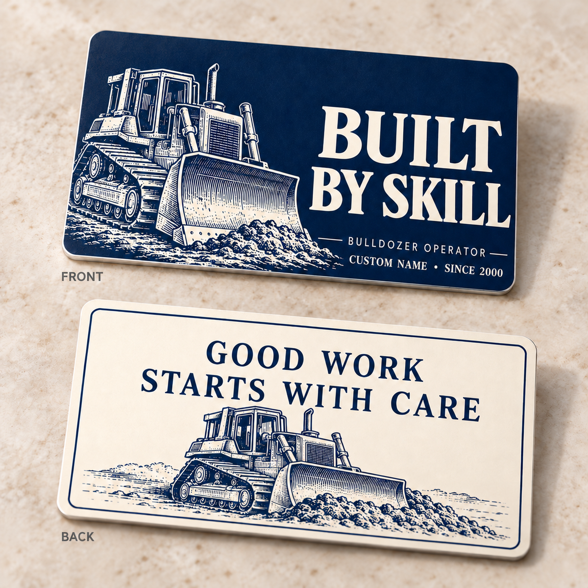 Bulldozer Operator Built by Skill Aluminum Wallet Card – product view with CUSTOM NAME and SINCE 2000