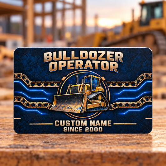 Bulldozer Operator Craft Camo Aluminum Wallet Card – product view with CUSTOM NAME and SINCE 2000