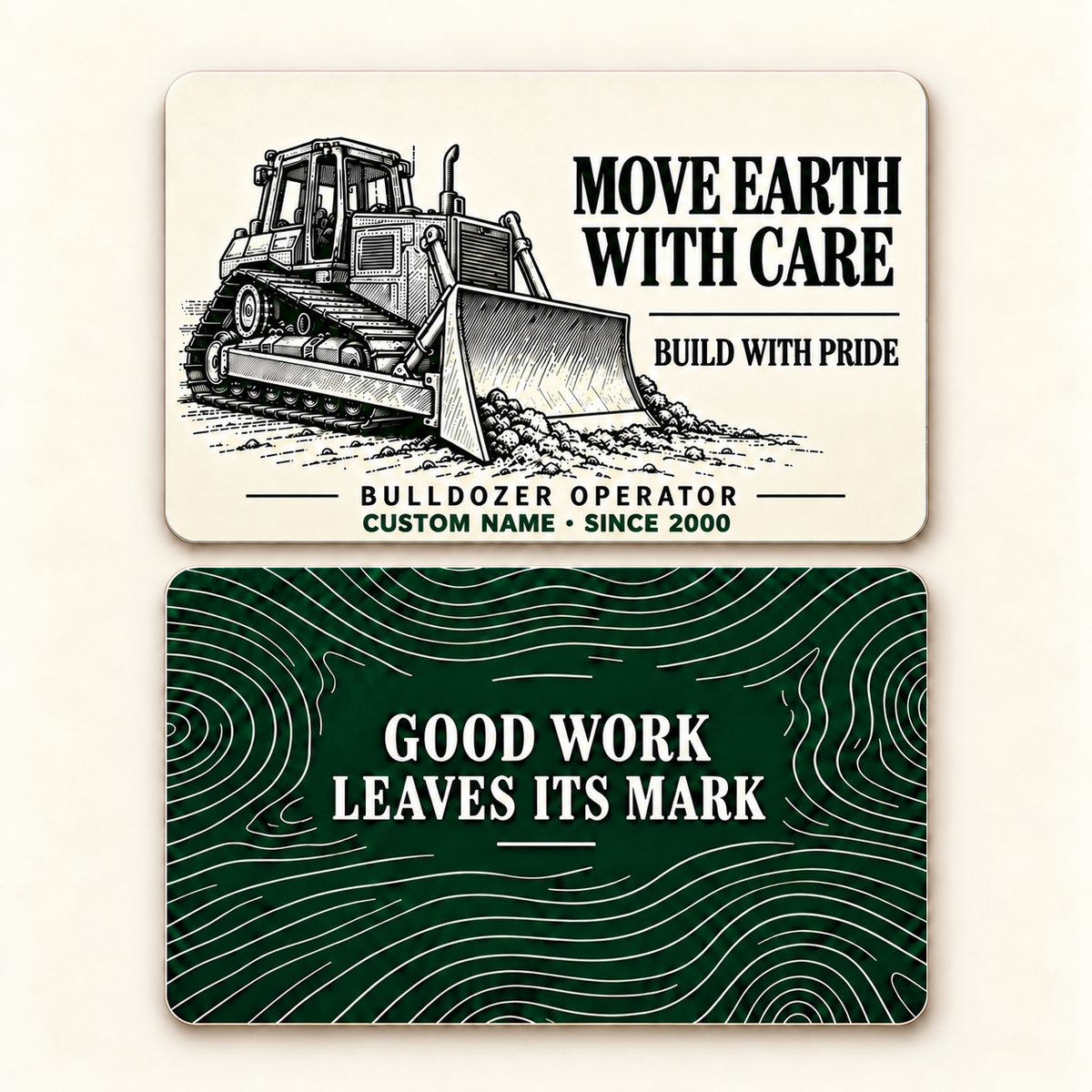 Bulldozer Operator Move Earth with Care Aluminum Wallet Card – product view with CUSTOM NAME and SINCE 2000