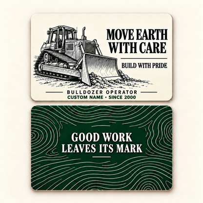 Bulldozer Operator Move Earth with Care Aluminum Wallet Card – product view with CUSTOM NAME and SINCE 2000