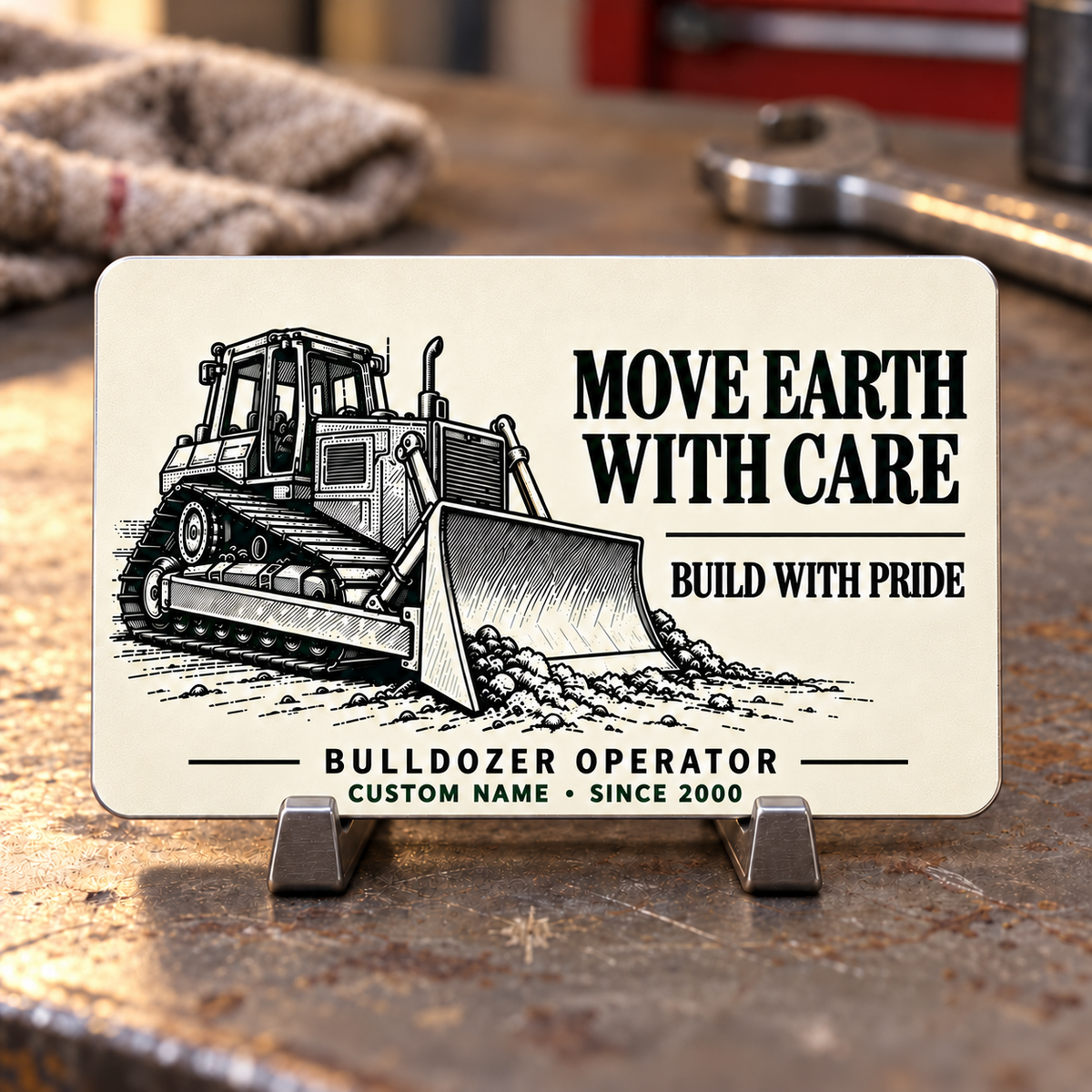 Bulldozer Operator Move Earth with Care Aluminum Wallet Card – product view with CUSTOM NAME and SINCE 2000