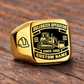 Gold Bulldozer Operator Black Face Badge ring with a tracked bulldozer and front pushing blade on the black face, a hard-hat shoulder motif, and sample CUSTOM NAME and SINCE 2000 engraving.