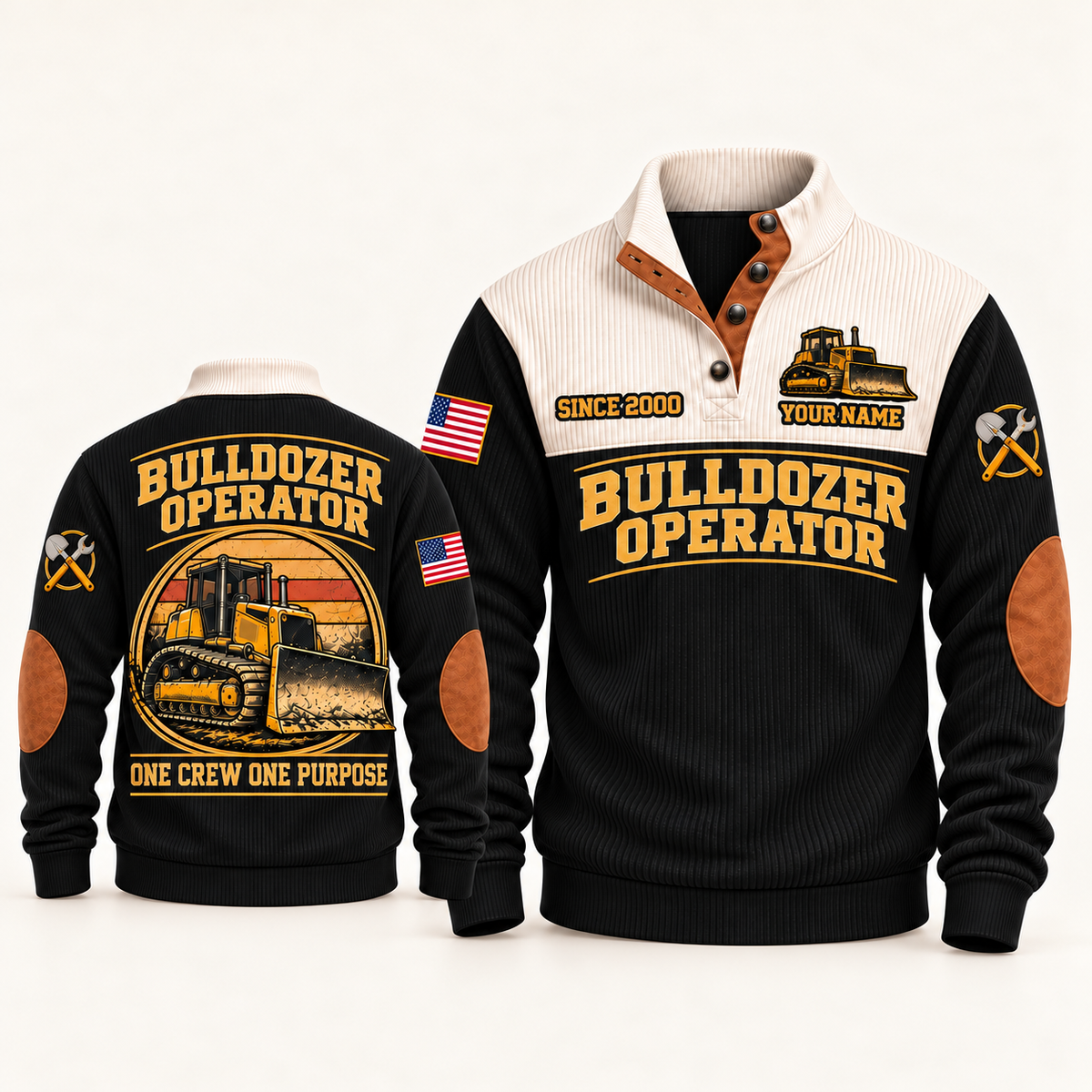 Bulldozer Operator Blade Crew Sports Sweatshirt in Black, front and back views with tracked bulldozer artwork and One Crew One Purpose lettering