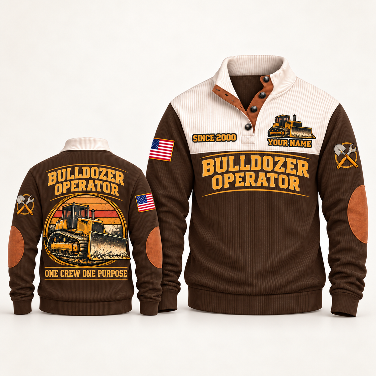 Bulldozer Operator Blade Crew Sports Sweatshirt in Brown, front and back views with tracked bulldozer artwork and One Crew One Purpose lettering
