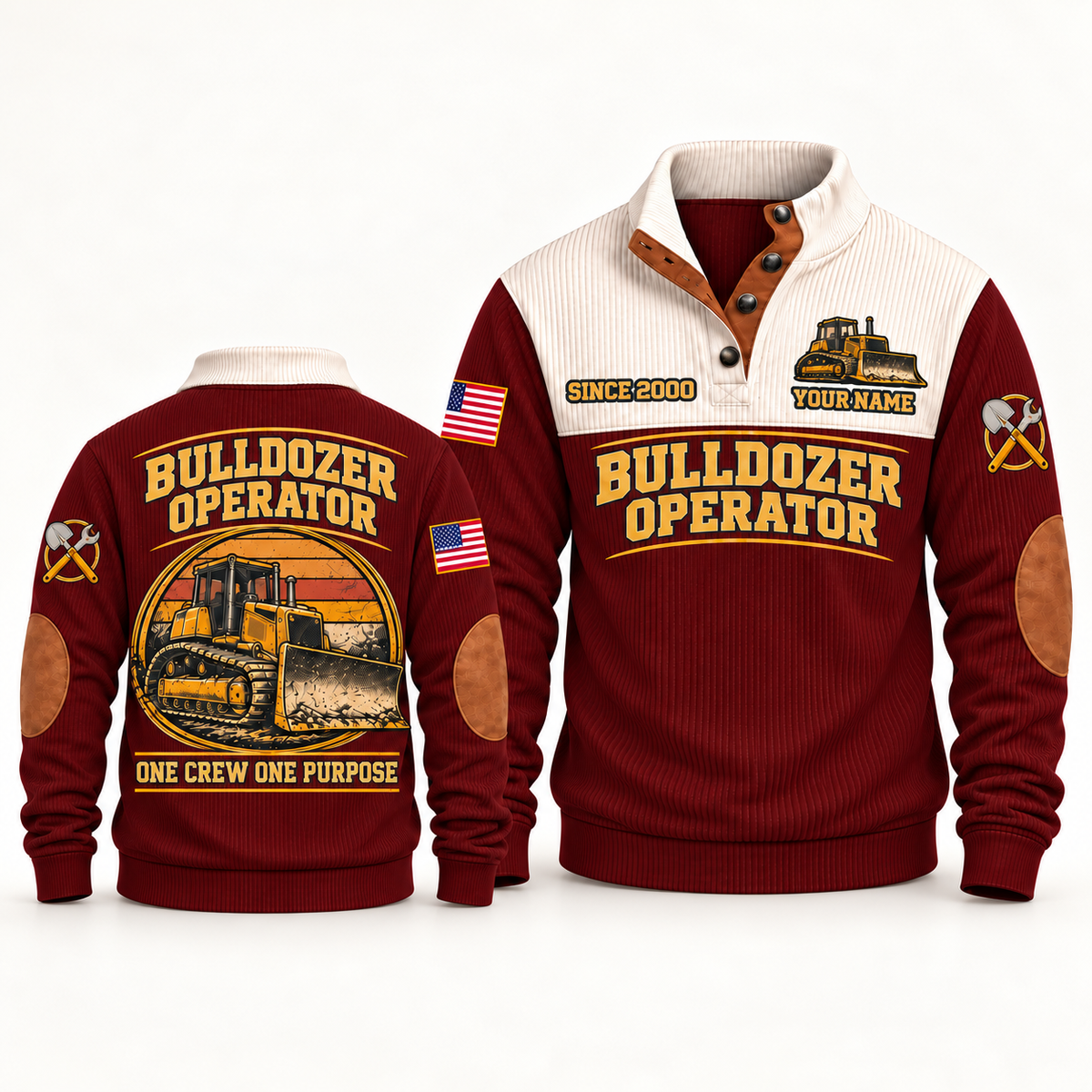 Bulldozer Operator Blade Crew Sports Sweatshirt in Jujube Red, front and back views with tracked bulldozer artwork and One Crew One Purpose lettering
