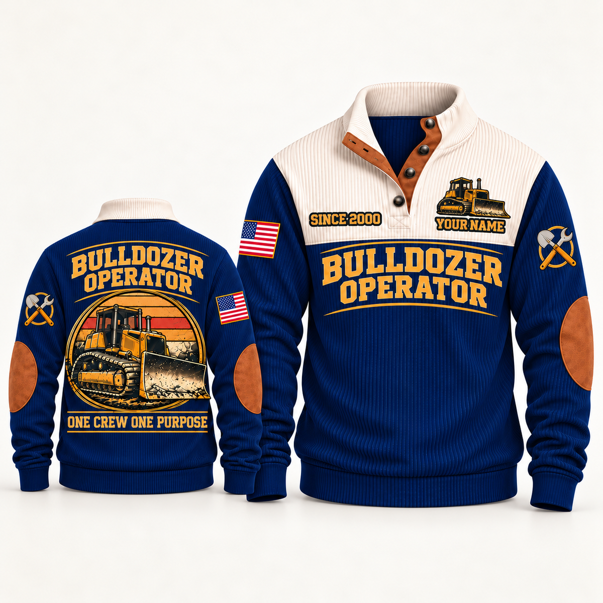 Bulldozer Operator Blade Crew Sports Sweatshirt in Navy, front and back views with tracked bulldozer artwork and One Crew One Purpose lettering