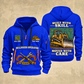 Bulldozer Operator Built With Skill Quarter-Zip Hoodie in Blue, front and back views, tracked bulldozer with front pushing blade, Built With Skill and Moved With Care artwork, Your name and since 2005 sample text