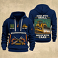 Bulldozer Operator Built With Skill Quarter-Zip Hoodie in Navy, front and back views, tracked bulldozer with front pushing blade, Built With Skill and Moved With Care artwork, Your name and since 2005 sample text