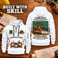 Bulldozer Operator Built With Skill Quarter-Zip Hoodie in White, front and back views, tracked bulldozer with front pushing blade, Built With Skill and Moved With Care artwork, Your name and since 2005 sample text, on a warm workbench