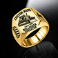 Gold Bulldozer Operator Bold Lettering signet ring with a tracked bulldozer and pushing blade, track-link and blade shoulder motifs, a plain inner band, and sample CUSTOM NAME and SINCE 2000 engraving.