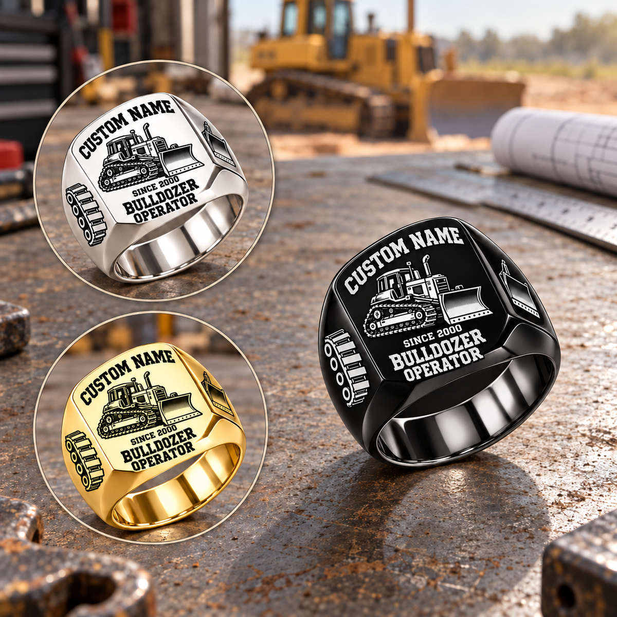 Black Bulldozer Operator Bold Lettering signet ring with smaller Silver and Gold inset views on a stationary heavy-equipment workbench; tracked bulldozer artwork and sample CUSTOM NAME and SINCE 2000 engraving.