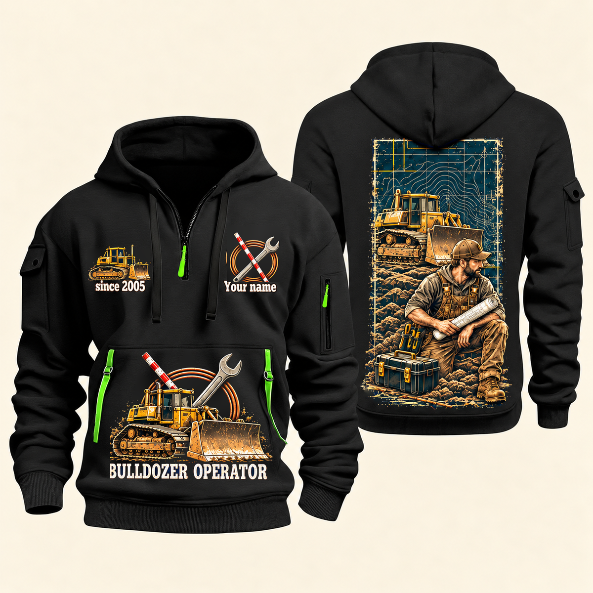 Bulldozer Operator Daily Groundwork Quarter-Zip Hoodie in Black, complete front and back views