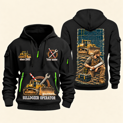 Bulldozer Operator Daily Groundwork Quarter-Zip Hoodie in Black, complete front and back views
