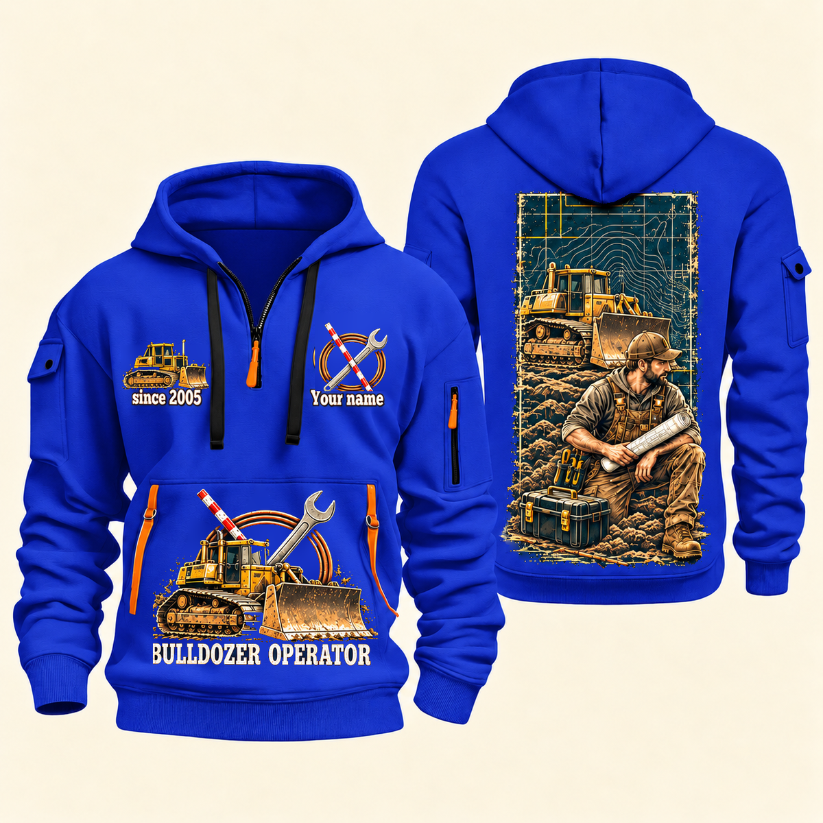 Bulldozer Operator Daily Groundwork Quarter-Zip Hoodie in Blue, complete front and back views