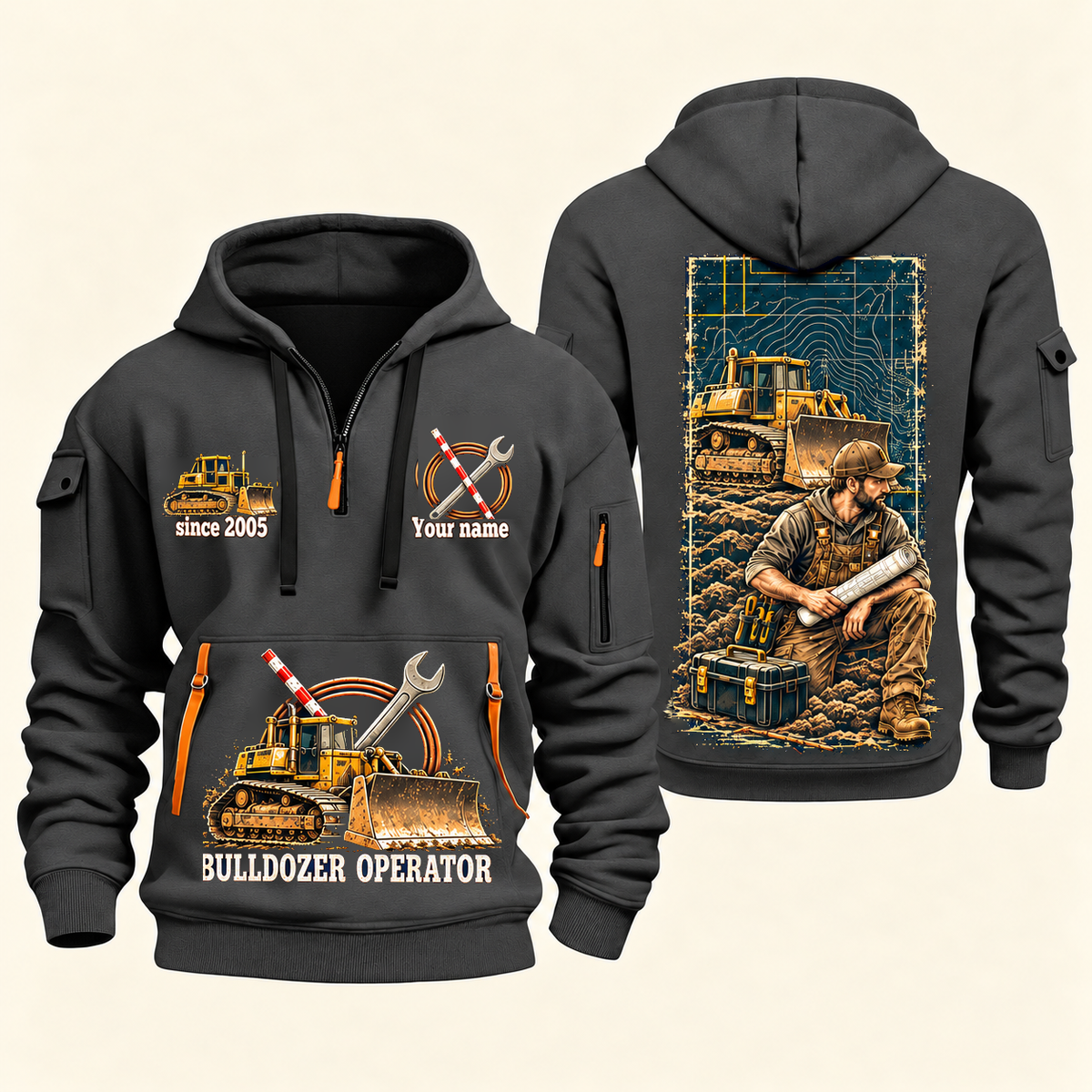Bulldozer Operator Daily Groundwork Quarter-Zip Hoodie in Gray, complete front and back views