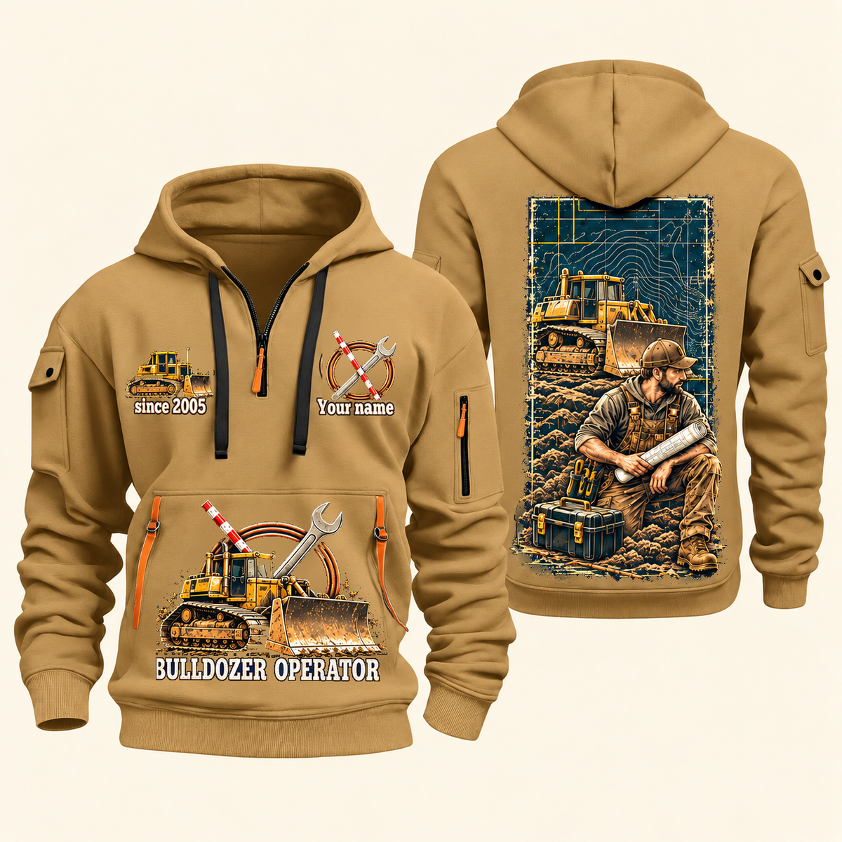 Bulldozer Operator Daily Groundwork Quarter-Zip Hoodie in Khaki, complete front and back views