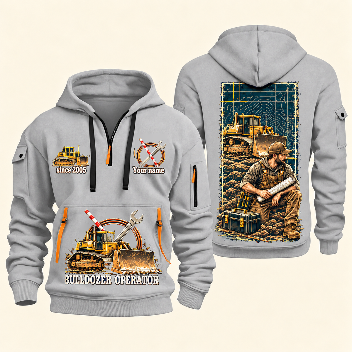 Bulldozer Operator Daily Groundwork Quarter-Zip Hoodie in Light Grey, complete front and back views