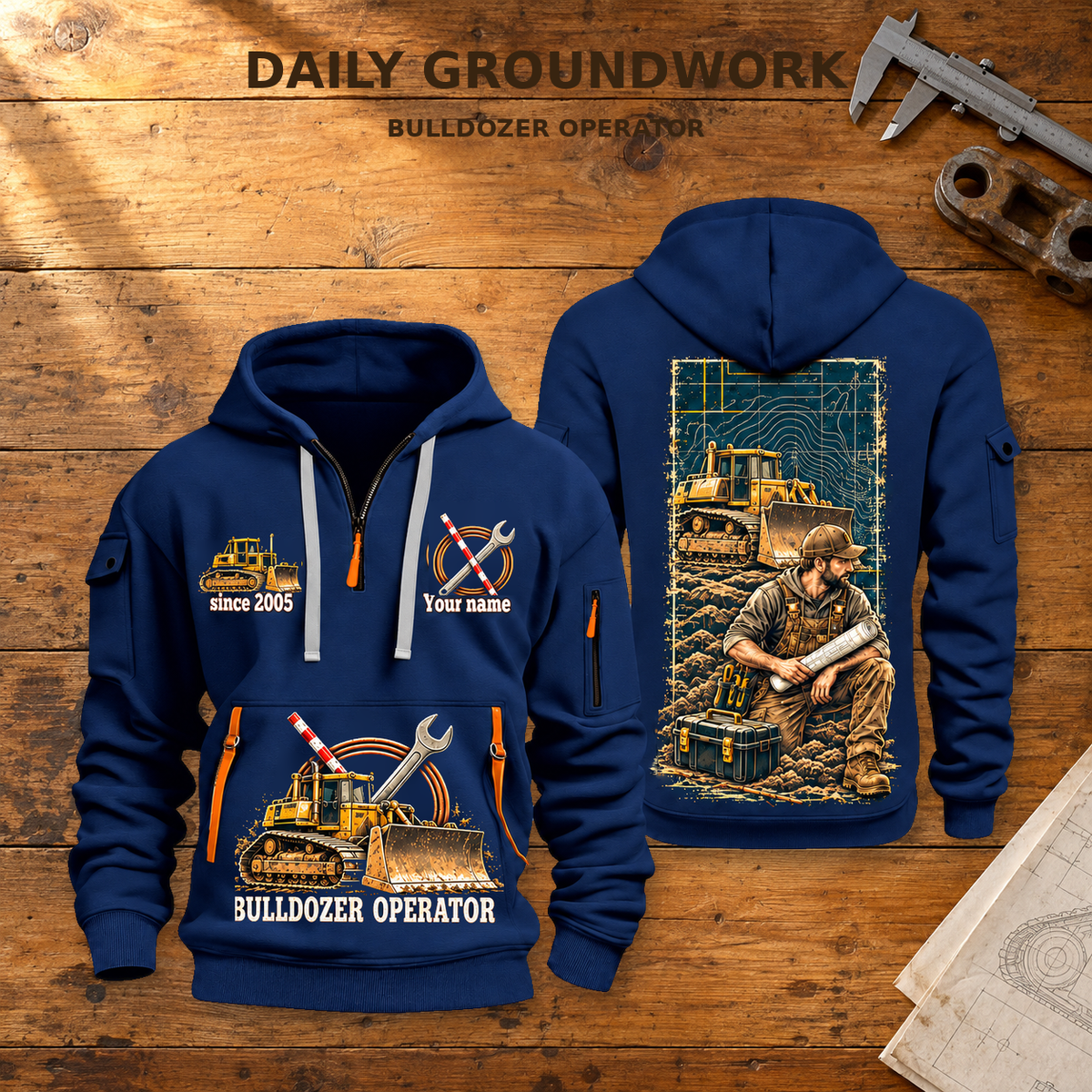 Bulldozer Operator Daily Groundwork Quarter-Zip Hoodie in Navy, complete original front/back pair