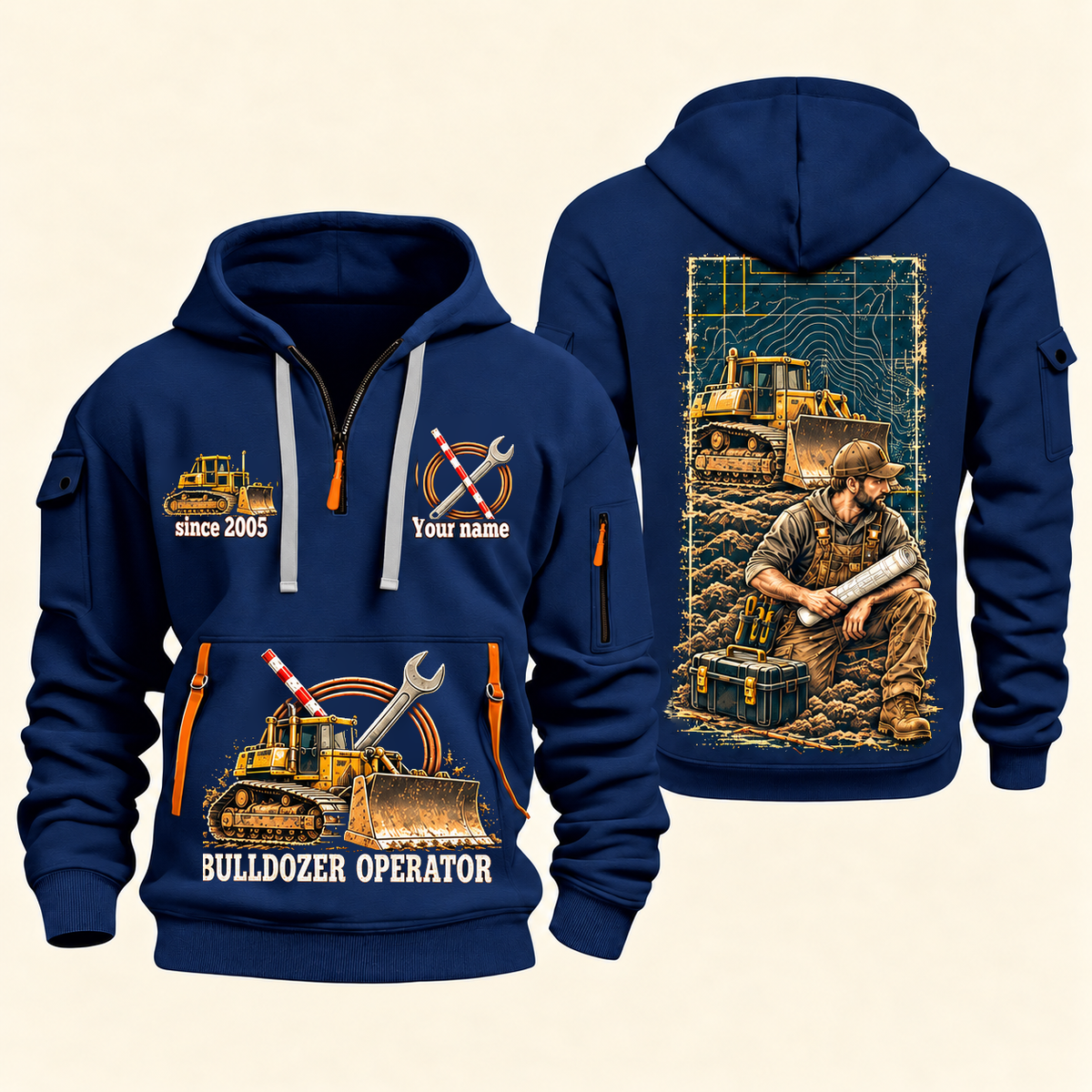 Bulldozer Operator Daily Groundwork Quarter-Zip Hoodie in Navy, complete front and back views