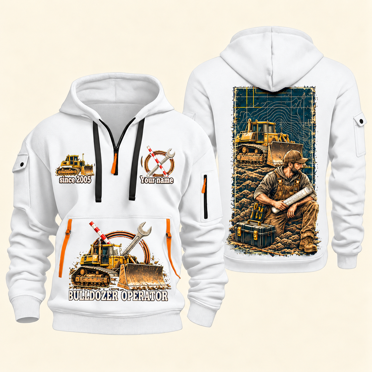 Bulldozer Operator Daily Groundwork Quarter-Zip Hoodie in White, complete front and back views