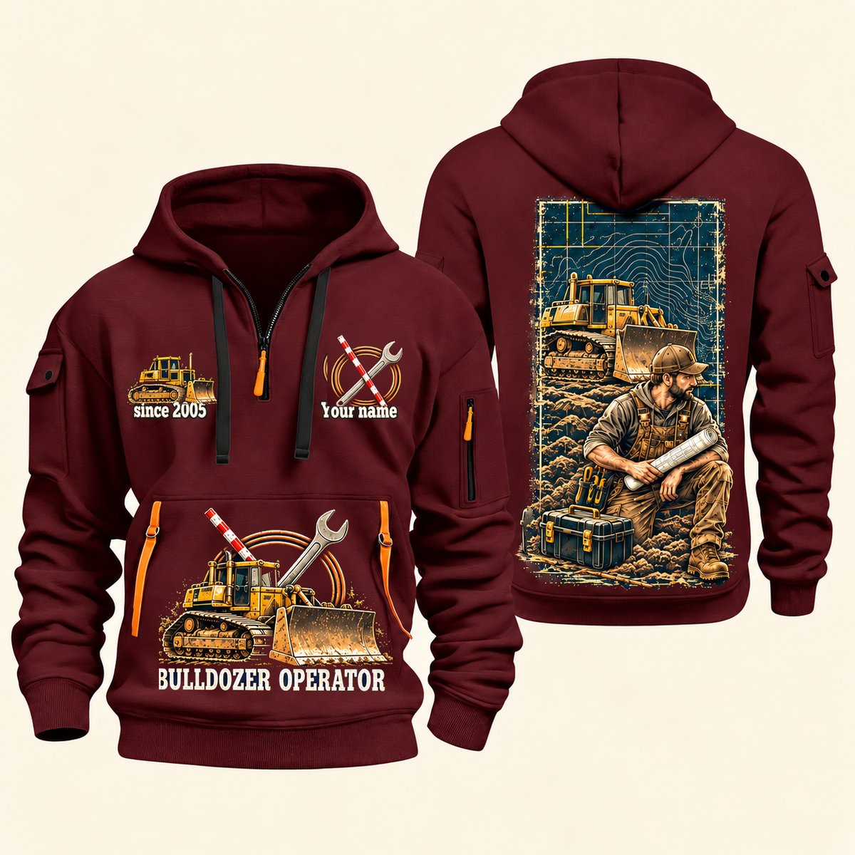 Bulldozer Operator Daily Groundwork Quarter-Zip Hoodie in Wine Red, complete front and back views