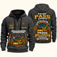 Bulldozer Operator Every Pass Counts Quarter Zip Hoodie in Gray, authentic front and back views with tracked bulldozer, shovel and pickaxe artwork and illustrative Your name and since 2005 sample text.