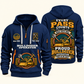 Bulldozer Operator Every Pass Counts Quarter Zip Hoodie in Navy, authentic front and back views with tracked bulldozer, shovel and pickaxe artwork and illustrative Your name and since 2005 sample text.
