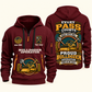 Bulldozer Operator Every Pass Counts Quarter Zip Hoodie in Wine Red, authentic front and back views with tracked bulldozer, shovel and pickaxe artwork and illustrative Your name and since 2005 sample text.