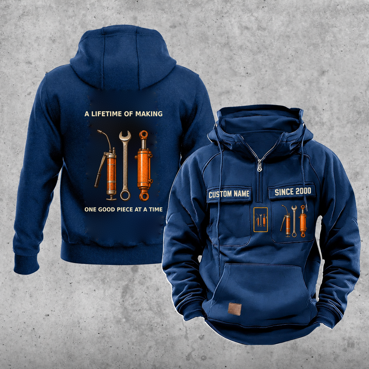 Bulldozer Operator Lifetime of Making Vintage Hoodie — Dark Blue; faithful original Vintage Hoodie front and back artwork; CUSTOM NAME and SINCE 2000 on front chest.