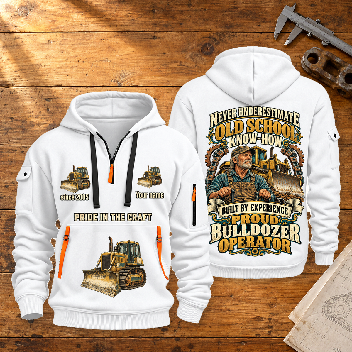 Bulldozer Operator Old School Know-How quarter-zip hoodie in White, front and back, fixed sample name and year artwork