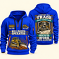 Bulldozer Operator Pride in the Trade quarter-zip hoodie in Blue, front and back, tracked bulldozer and blade, grade-plan shield, Your name and since 2005 sample artwork.