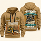Bulldozer Operator Pride in the Trade quarter-zip hoodie in Khaki, front and back, tracked bulldozer and blade, grade-plan shield, Your name and since 2005 sample artwork.