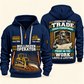 Bulldozer Operator Pride in the Trade quarter-zip hoodie in Navy, front and back, tracked bulldozer and blade, grade-plan shield, Your name and since 2005 sample artwork.