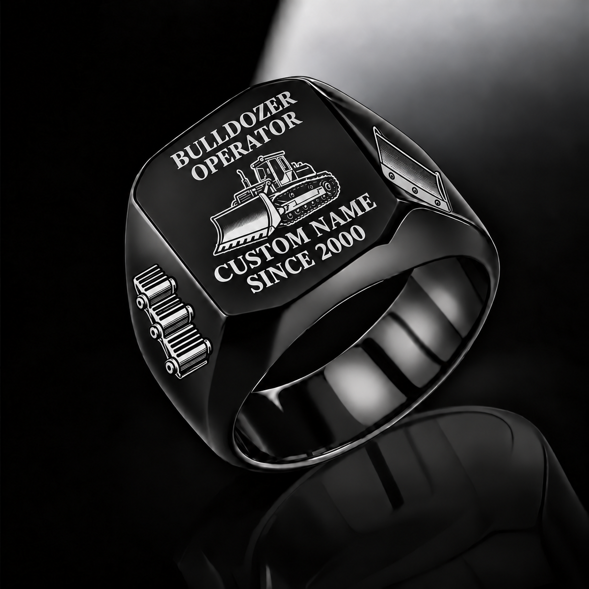 Bulldozer Operator Signature Crest ring in Black with tracked bulldozer artwork, track-shoe and blade shoulder motifs, and source sample name and year engraving