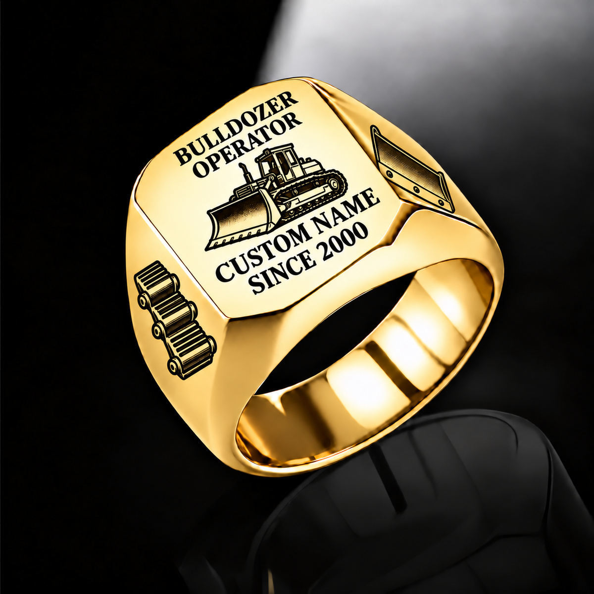 Bulldozer Operator Signature Crest ring in Gold with tracked bulldozer artwork, track-shoe and blade shoulder motifs, and source sample name and year engraving