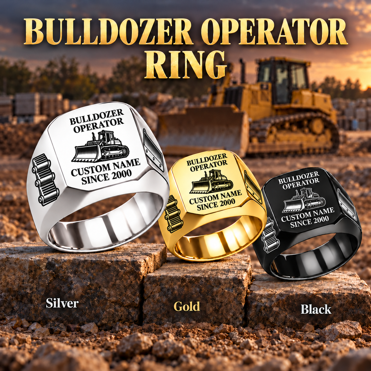 Bulldozer Operator Signature Crest ring in Silver, Gold and Black on a stepped stone display with a parked bulldozer in the background