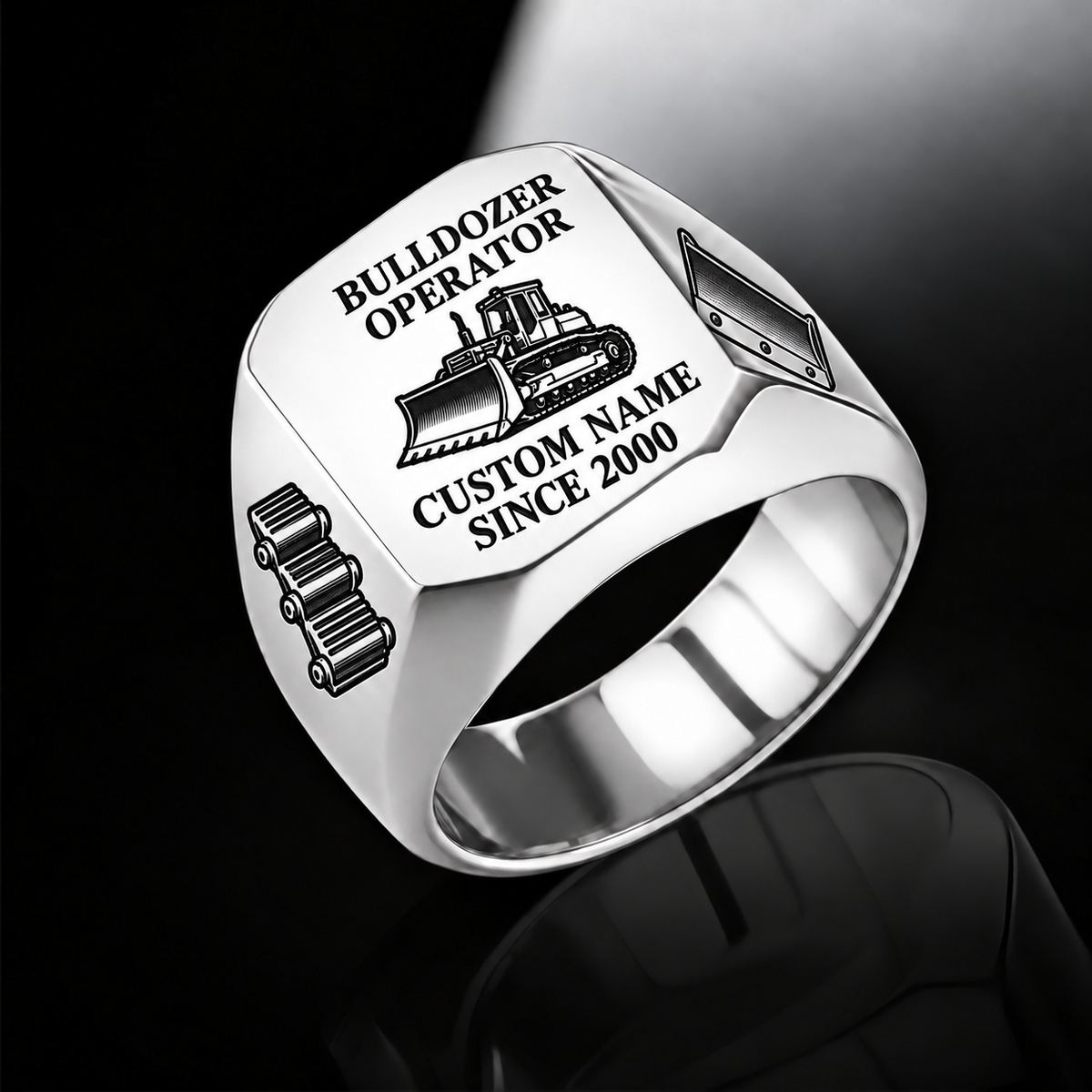 Bulldozer Operator Signature Crest ring in Silver with tracked bulldozer artwork, track-shoe and blade shoulder motifs, and source sample name and year engraving