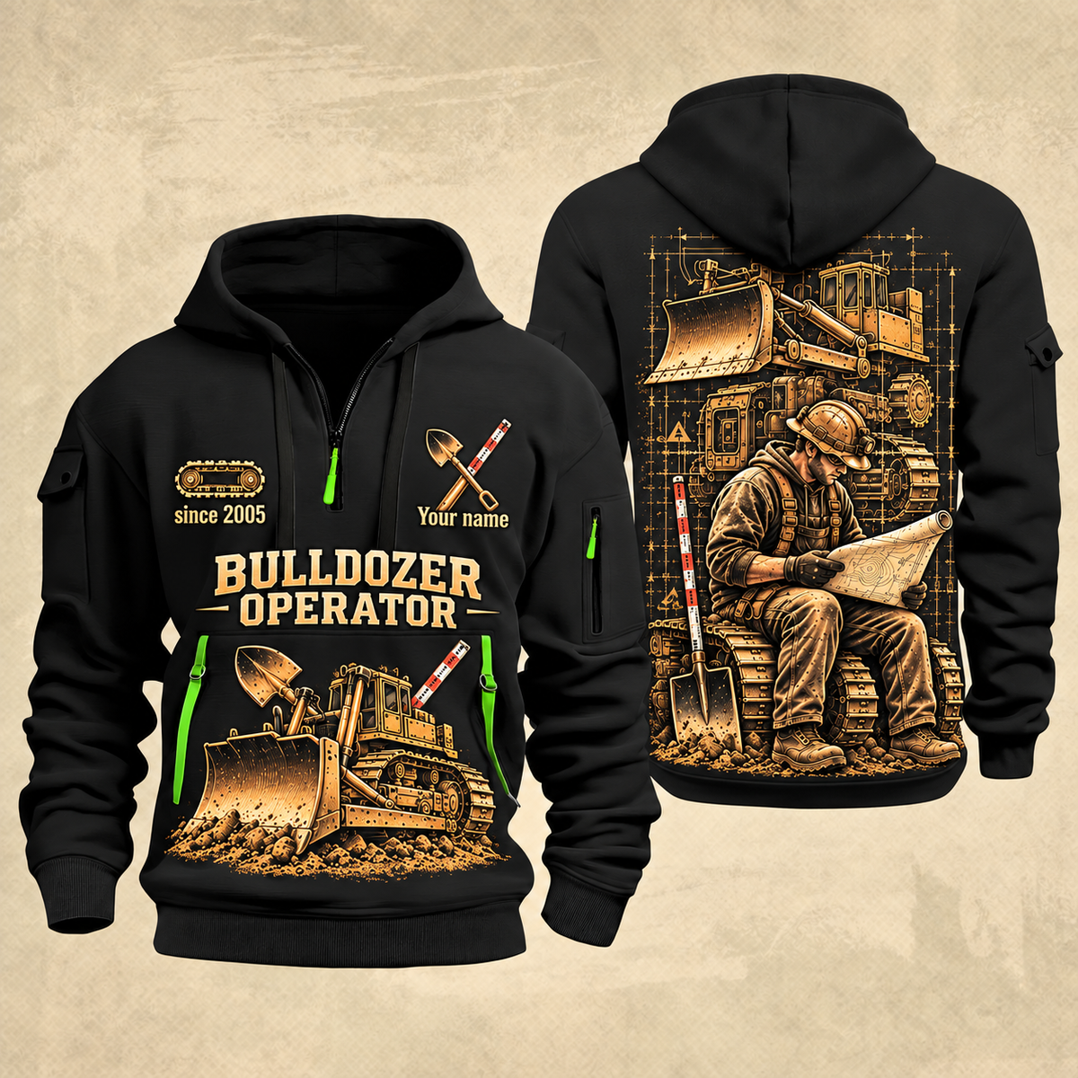 Bulldozer Operator Copper Craft Quarter-Zip Hoodie in Black, front and back views with a tracked broad-blade bulldozer, shovel and grade rod, and an operator reviewing a site plan; Your name and since 2005 are illustrative sample text