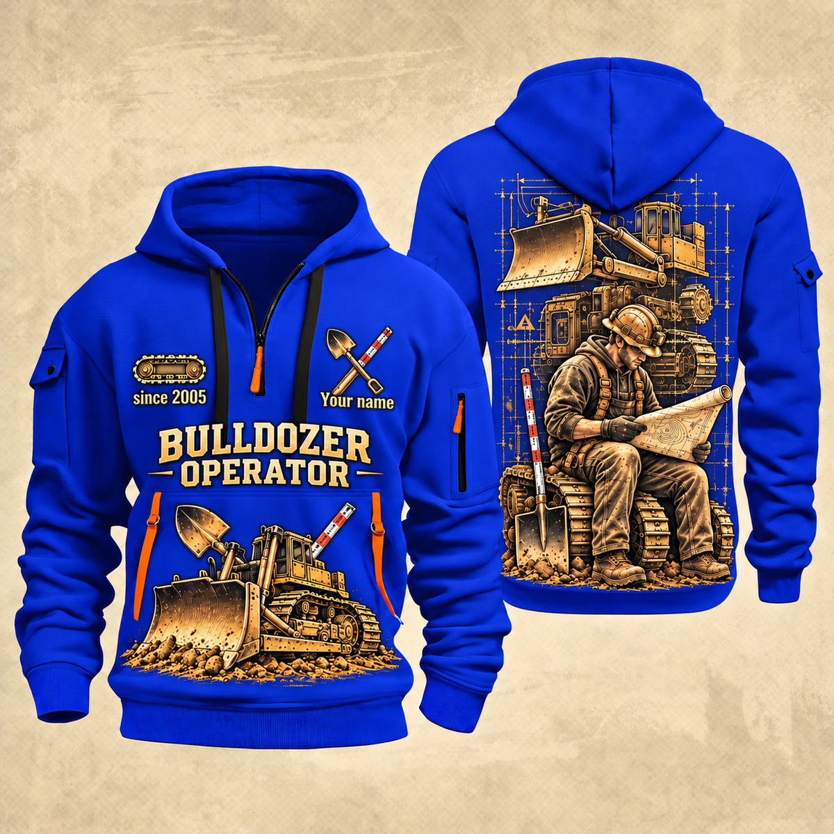 Bulldozer Operator Copper Craft Quarter-Zip Hoodie in Blue, front and back views with a tracked broad-blade bulldozer, shovel and grade rod, and an operator reviewing a site plan; Your name and since 2005 are illustrative sample text