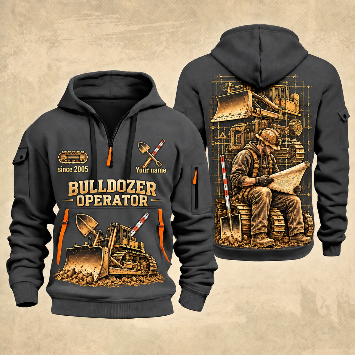 Bulldozer Operator Copper Craft Quarter-Zip Hoodie in Gray, front and back views with a tracked broad-blade bulldozer, shovel and grade rod, and an operator reviewing a site plan; Your name and since 2005 are illustrative sample text