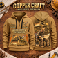 Bulldozer Operator Copper Craft Quarter-Zip Hoodie in Khaki, front and back views with a tracked broad-blade bulldozer, shovel and grade rod, and an operator reviewing a site plan; Your name and since 2005 are illustrative sample text