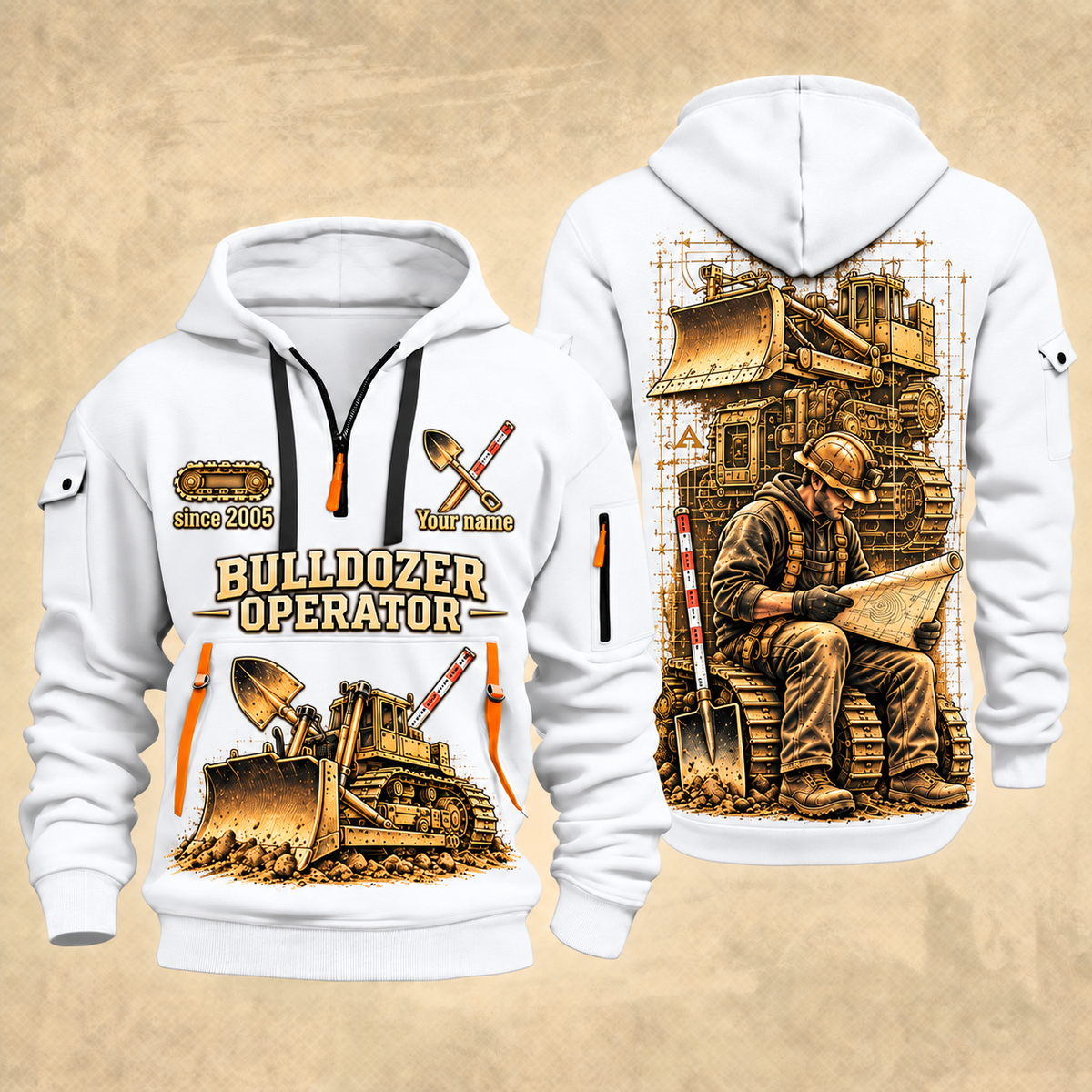 Bulldozer Operator Copper Craft Quarter-Zip Hoodie in White, front and back views with a tracked broad-blade bulldozer, shovel and grade rod, and an operator reviewing a site plan; Your name and since 2005 are illustrative sample text