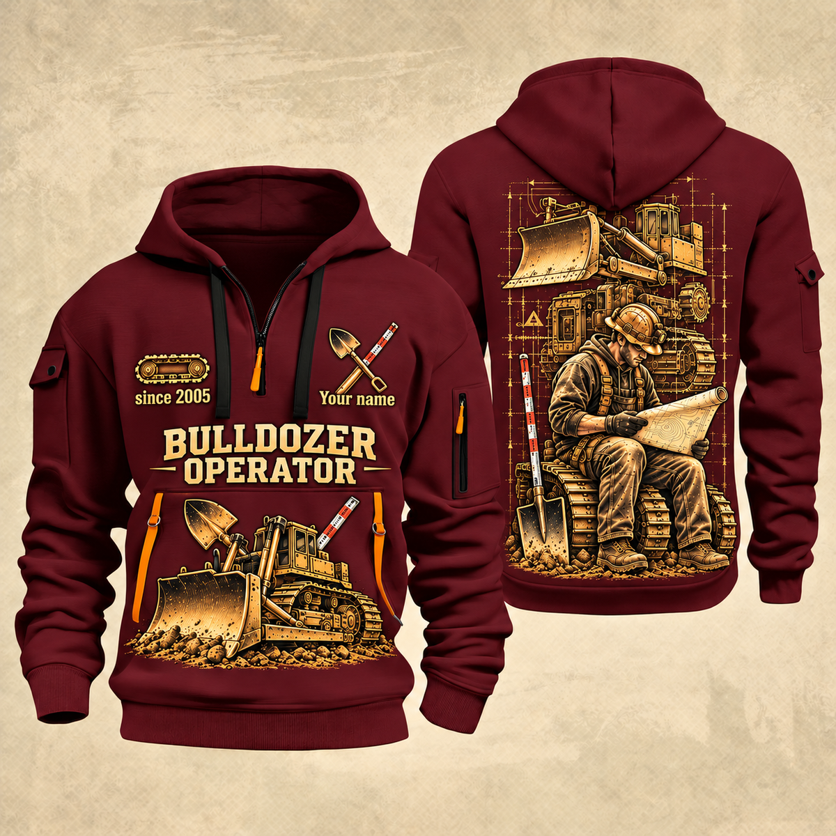 Bulldozer Operator Copper Craft Quarter-Zip Hoodie in Wine Red, front and back views with a tracked broad-blade bulldozer, shovel and grade rod, and an operator reviewing a site plan; Your name and since 2005 are illustrative sample text