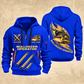 Bulldozer Operator Flow of Craft Quarter-Zip Hoodie in Blue, front and back views with tracked bulldozer and broad front blade, sweeping gold and cream emblem, three diagonal track prints, and Your name and since 2005 sample text