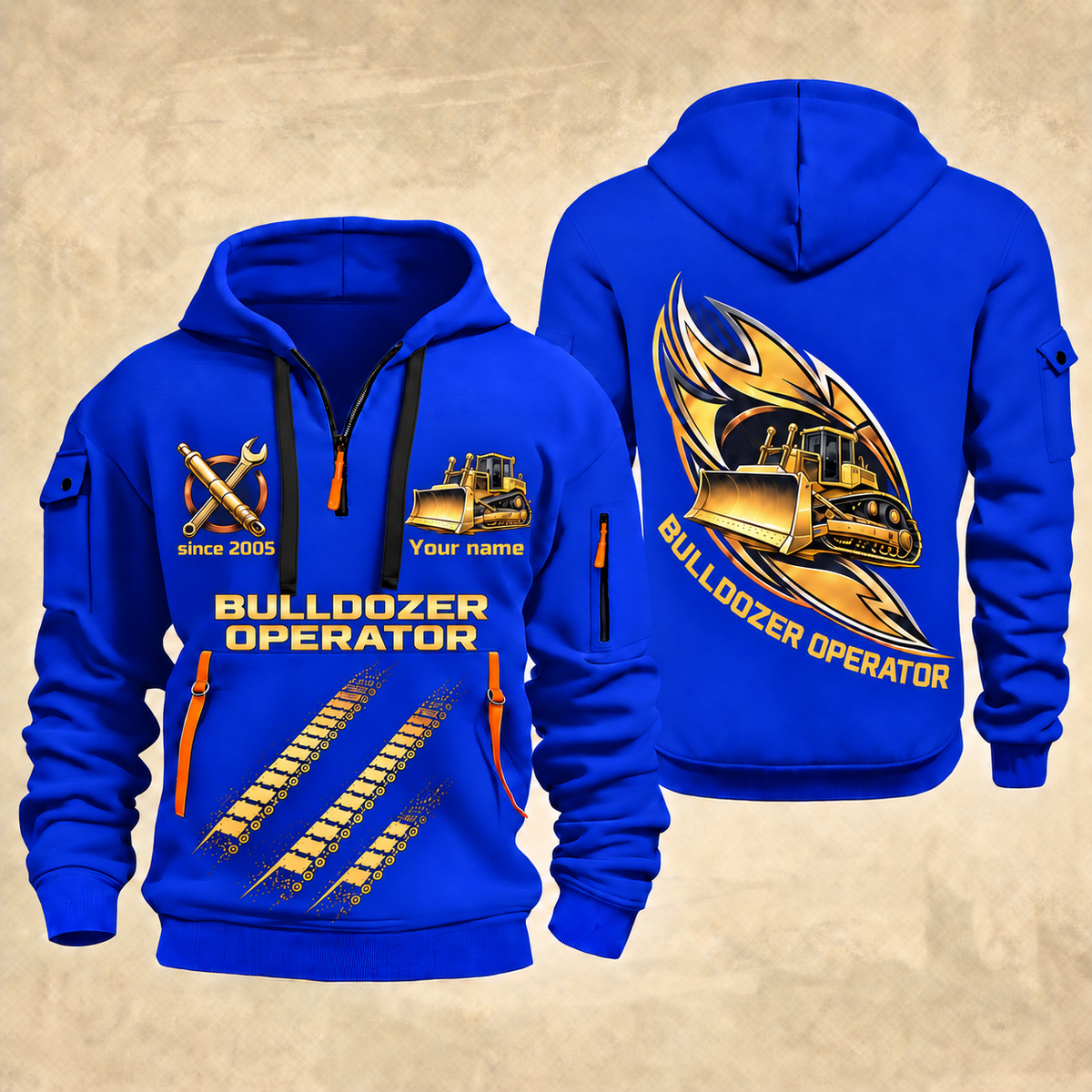 Bulldozer Operator Flow of Craft Quarter-Zip Hoodie in Blue, front and back views with tracked bulldozer and broad front blade, sweeping gold and cream emblem, three diagonal track prints, and Your name and since 2005 sample text