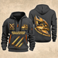 Bulldozer Operator Flow of Craft Quarter-Zip Hoodie in Gray, front and back views with tracked bulldozer and broad front blade, sweeping gold and cream emblem, three diagonal track prints, and Your name and since 2005 sample text